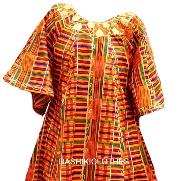 African Kente Dress With Scarf 100% Cotton Free Size Plus Size Umbrella Dress - Picture 2 of 3